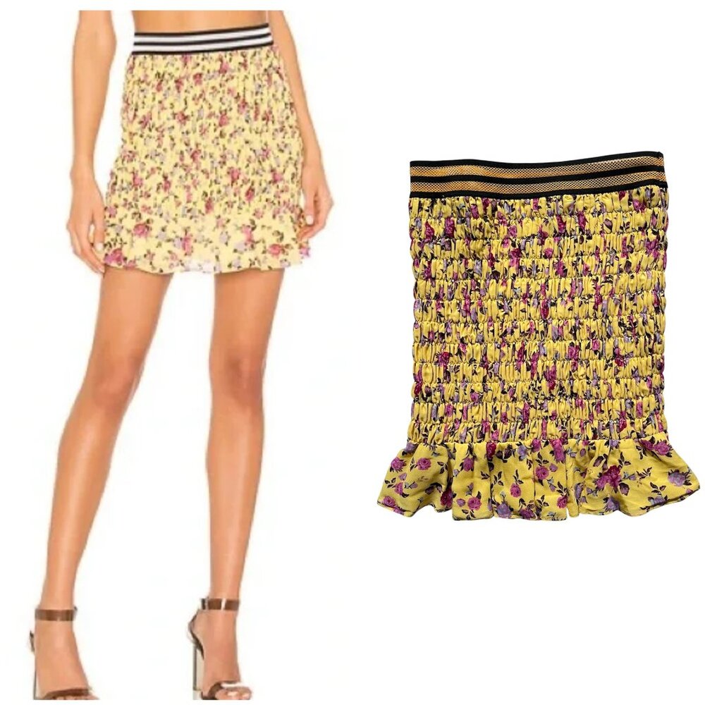 For Love & Lemons Yellow Smocked Floral Odette Mini Skirt Small